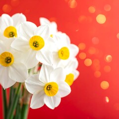 White daffodils, yellow centers. Red bokeh background. Soft light, bright, spring