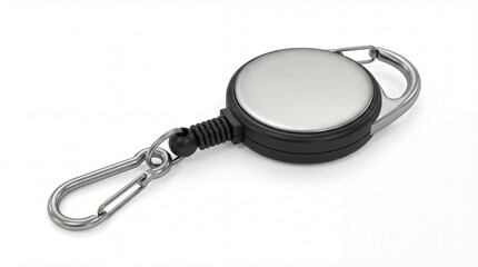 A retractable badge holder with a metal clip and black plastic casing