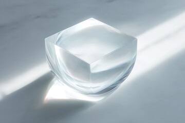 optical illusion art, still life with minimal lens distortion, warped white cube reflection in curved glass, on light gray marble, with soft diffused lighting