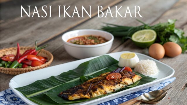Nasi Ikan Bakar served on banana leaf with sauce