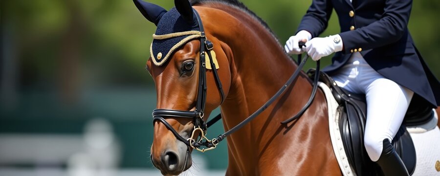 Brown horse in formal dressage attire at outdoor competition event. Rider in dark coat and white breeches controls horse with reins. Focused equine head and bridle detail.