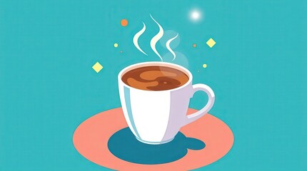 Obraz premium Steaming hot cup of coffee on colorful saucer with vibrant background