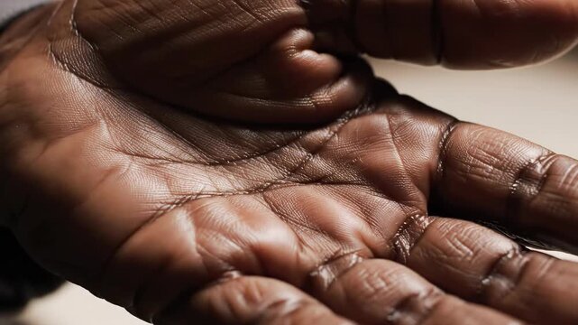 Close-up of a weathered hand, showcasing skin texture and lines in detail.