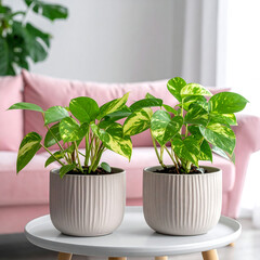 Two pothos plants in textured pots sit on a table. Soft pink couch in background. Light