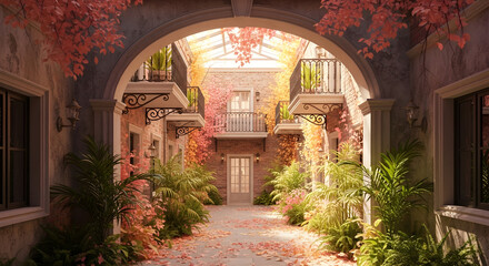 Charming Mediterranean courtyard adorned with pink bougainvillea and ivy, warm lighting, serene atmosphere