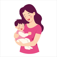 A flat-style illustration of a mother gently hugging her sleeping baby, isolated on a white background.
