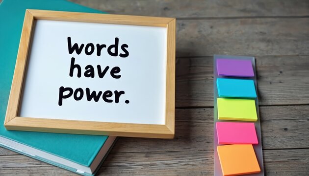 White board with text words have power resting on book near colorful sticky notes. Wooden table setup for education or business message. Inspiration for communication, learning success.