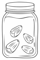 Line art illustration of almonds floating in a glass jar with lid
