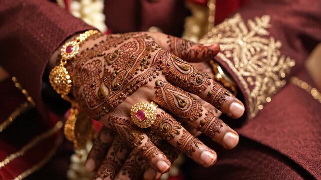 Indian wedding ceremony with henna art and gold jewelry.