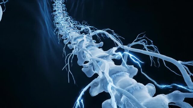 3D Spinal Cord Neural Pathway Travel with Electric Blue Signals
