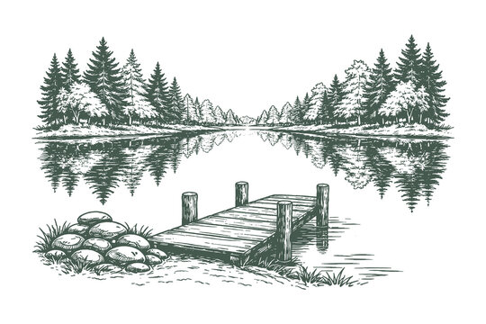 Vintage Hand Drawn Engraving Style Vector Illustration of a Serene Lake Scenery with Wooden Pier Dock and Reflection of Pine Forest Trees on Water.