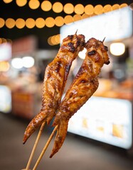Close-up grilled chicken skewers glazed, street food night market, warm string lights, bokeh, shallow depth of field, ultra-realistic food photography, no text