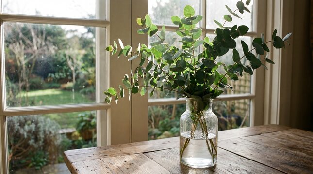 Sunlit rustic wooden table with eucalyptus bouquet in clear glass vase by window, natural home interior for lifestyle banner or website