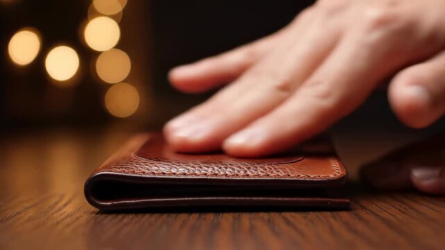Close-up of a hand placing a wallet on a wooden table with bokeh lights in the background.
