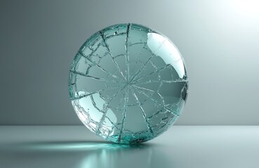 Fototapeta premium Cracked transparent sphere or globe on flat surface. Shattered glass ball reflects light with geometric web pattern. Abstract background with clean blue tone.
