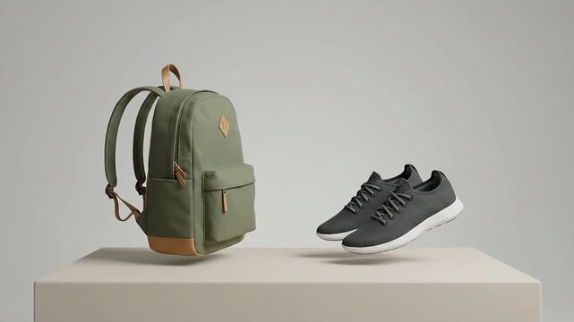 Minimal backpack and sneakers icon symbolizing travel light mindset, mobility, and simple adventure.