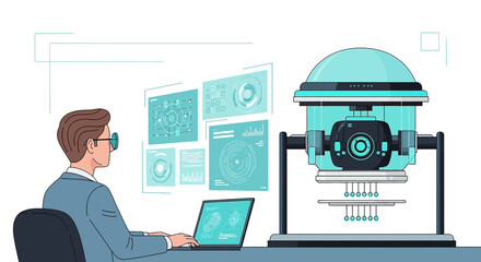 Fototapeta premium Futuristic technological interface visualization featuring a scientist and advanced equipment