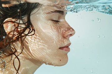 Fototapeta premium A serene underwater portrait of a woman, with her hair gently flowing and water creating beautiful ripples around her face.