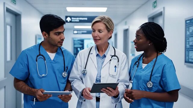 Healthcare Harmony: A team of dedicated medical professionals, united by a common goal, collaborate in a brightly lit hospital corridor. Displaying a commitment to patient care and collaboration.