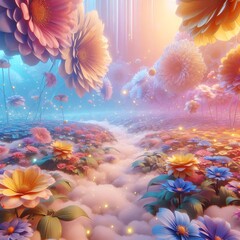 surreal 3D anime background, endless field of oversized flowers, glowing pollen in the air, soft fog, fantasy