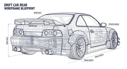 Drift Car Rear Wireframe Blueprint. © Andik