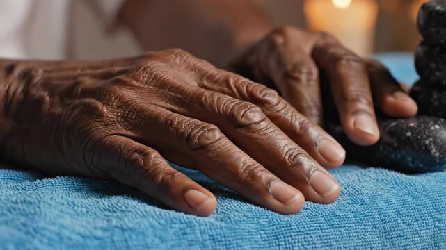 Close-up of elderly hands receiving a hot stone massage on a spa table.