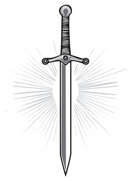 Stylized illustration of a medieval sword with radial light burst in grayscale