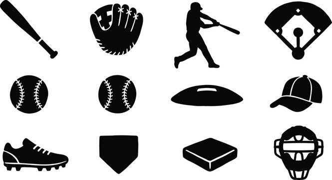 Baseball equipment and player vector icons, sports icons