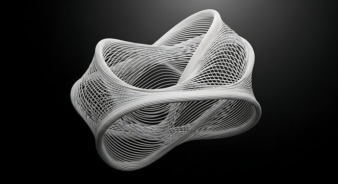 A 3D rendering of a complex white wire mesh structure against a dark background