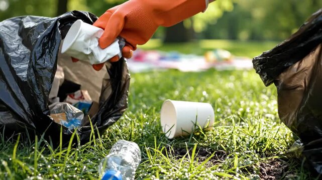 Park litter cleanup. Close-up view of a person picking up trash from the ground in a park, holding a large trash bag during a cleanup effort.