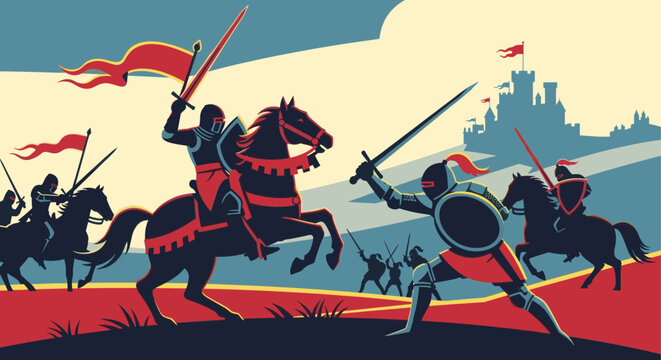 Stylized vector illustration of knights in armor clashing during a medieval battle. Use it for history, gaming, book covers, or graphic design projects needing a classic war theme.