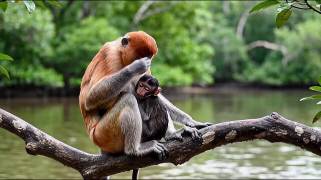 Tender Moment: Proboscis Monkey Mother Cradles Her Baby on a Branch Overlooking a Serene Jungle River