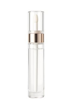 Clear lip gloss tube with gold cap on transparent background