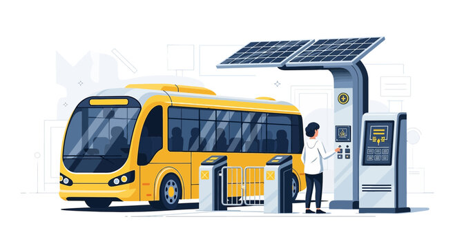 Illustration showcasing sustainable public transport, incorporating solar panels and advanced