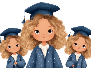 Cute Chibi Girl Graduates in Graduation Cap and Gown, Kawaii Cartoon Illustration Isolated on White