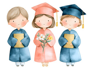 Watercolor Kids Graduation Set with Children in Caps and Gowns Holding Diplomas, Cute School Illustration Collection