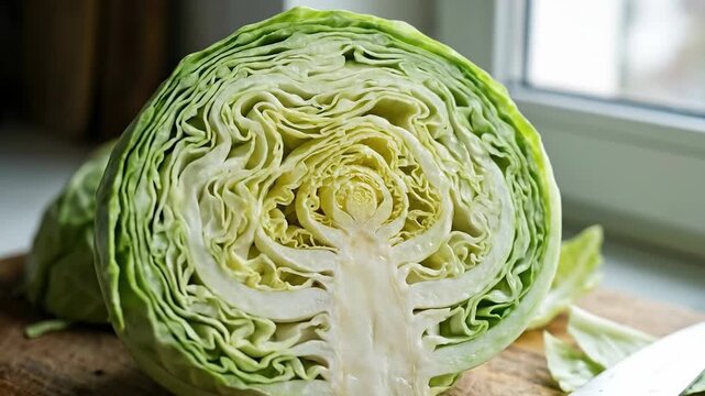Fresh Cabbage Halved Showing Inner Layers and Texture.