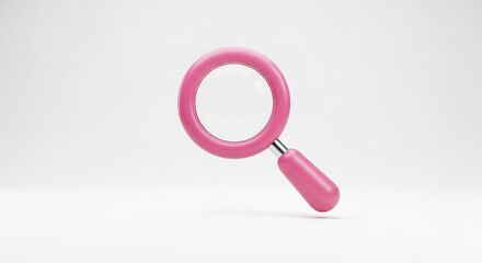 A pink magnifying glass on a white background for searching and inspection
