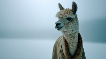 Obraz premium Surreal alpaca minimalist coat pastel fog alpaca surreal minimalist coat pastel fog winter fashion landscape animal clothing standing calm soft winter fog frozen lake creating dreamy gentle