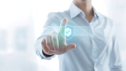 Businessman interacting with virtual security shield icon for protection