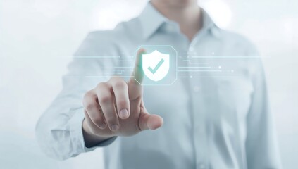 Businessman interacting with digital security shield icon