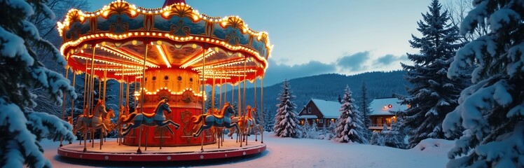 Fototapeta premium Bright carousel with illuminated lights spins in snow. Winter park with evergreen trees, houses, and mountains at dusk. Magical festive amusement.
