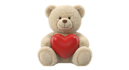 Obraz premium Adorable Fluffy Teddy Bear Holding Large Red Heart Isolated on White Background