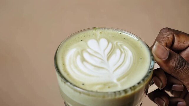 A hand holds a glass of pistachio latte with a leaf design on top. The drink has a creamy texture and a light green color, set against a neutral background.