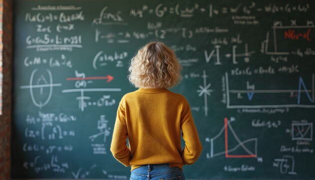 Blonde person studies math equations on blackboard. Student thinks about formulas and graphs. Learning science, solving complex problems in classroom.