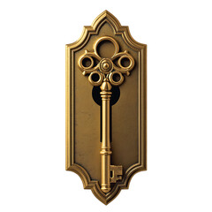 Obraz premium An ornate gold key on a decorative plate against a solid black background on transparent background