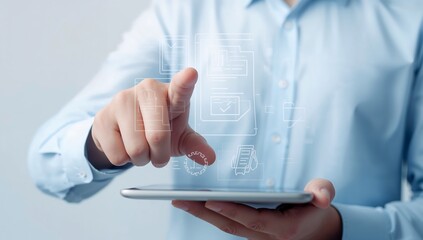 Businessman interacting with futuristic digital interface on tablet