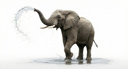 Obraz premium Large African Elephant Spraying Water from Trunk Isolated on White Background