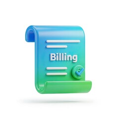 A 3d illustration of a billing invoice document on a green and blue gradient background
