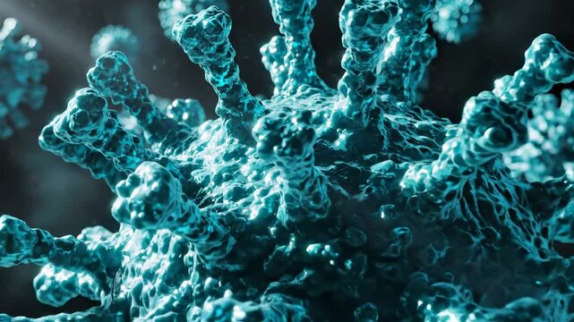 Microscopic view of multiple pathogens floating and rotating. Detailed teal biological cells against a dark background. Health crisis, virus spread.